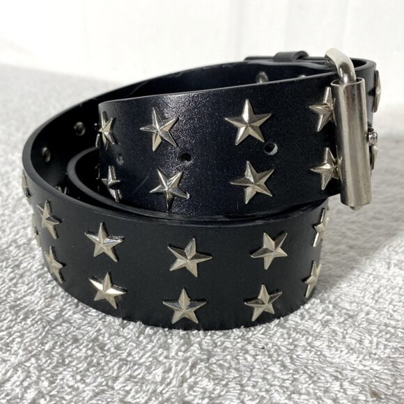 SOLD-Vintage Scene Kid Punk Rock Black Faux Leather Silver Star-Studded Belt - Picture 1 of 8